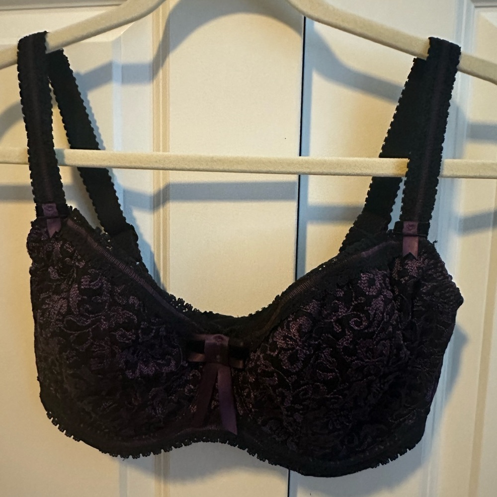 Fauve Emmanuelle Half Cup Bra 34FF Purple Lace Padded Underwire Shelf Cleavage